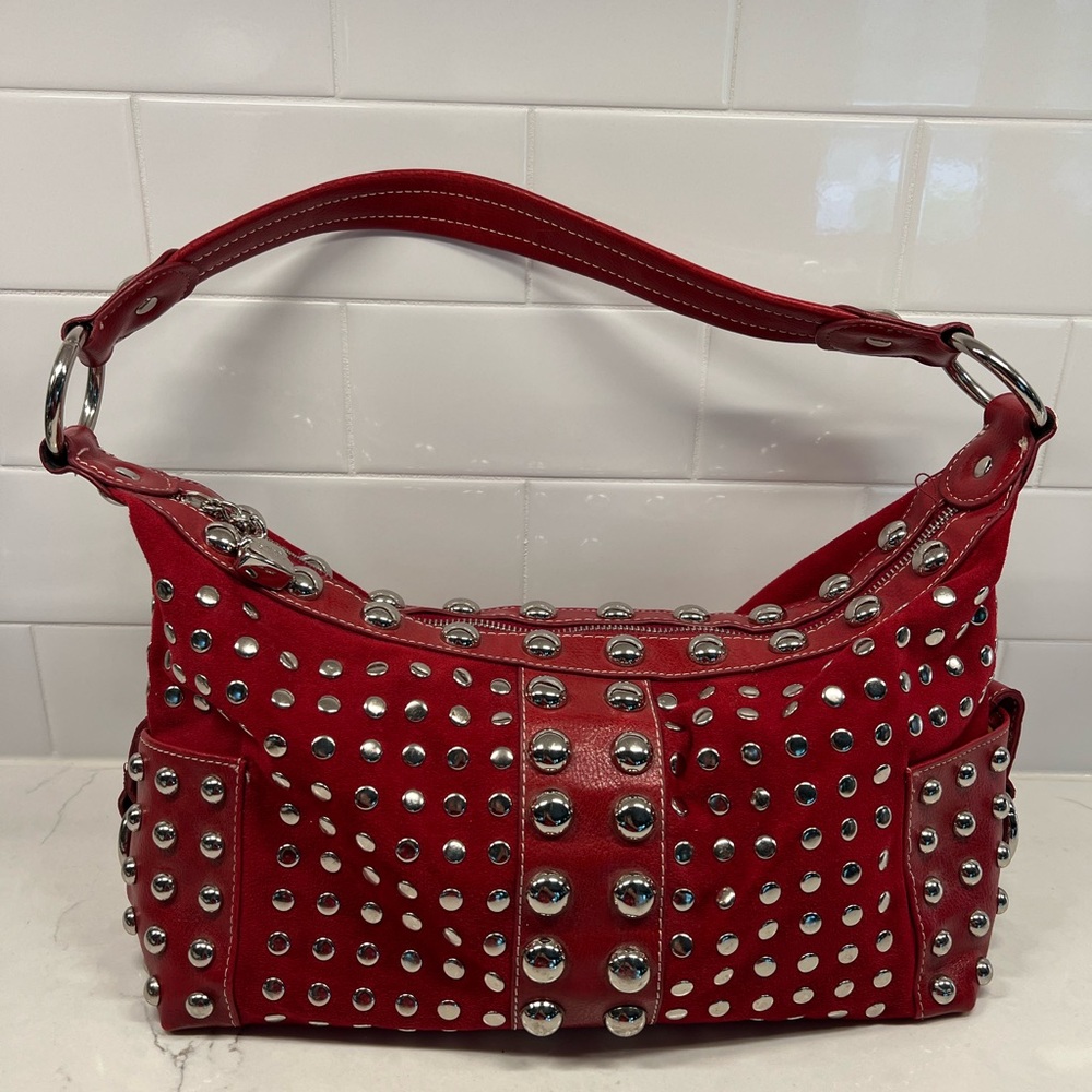 Kathy Van Zeeland Silver Studded Red Purse pre-owned in EXCELLENT condition!!
